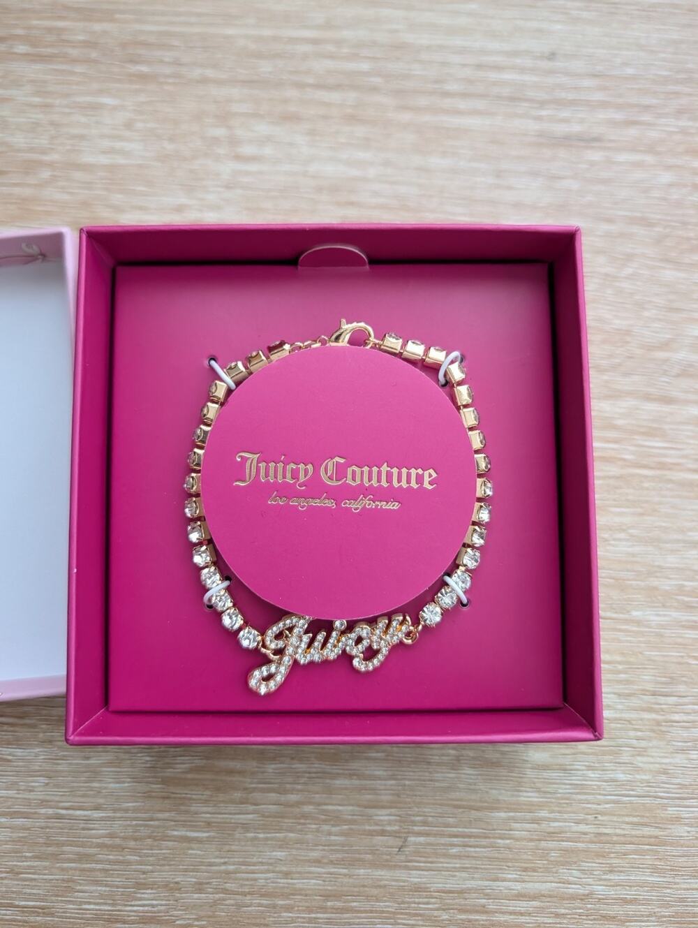 Juicy Couture Tennis Bracelet G/T clear crystal Juicy Logo Script.
